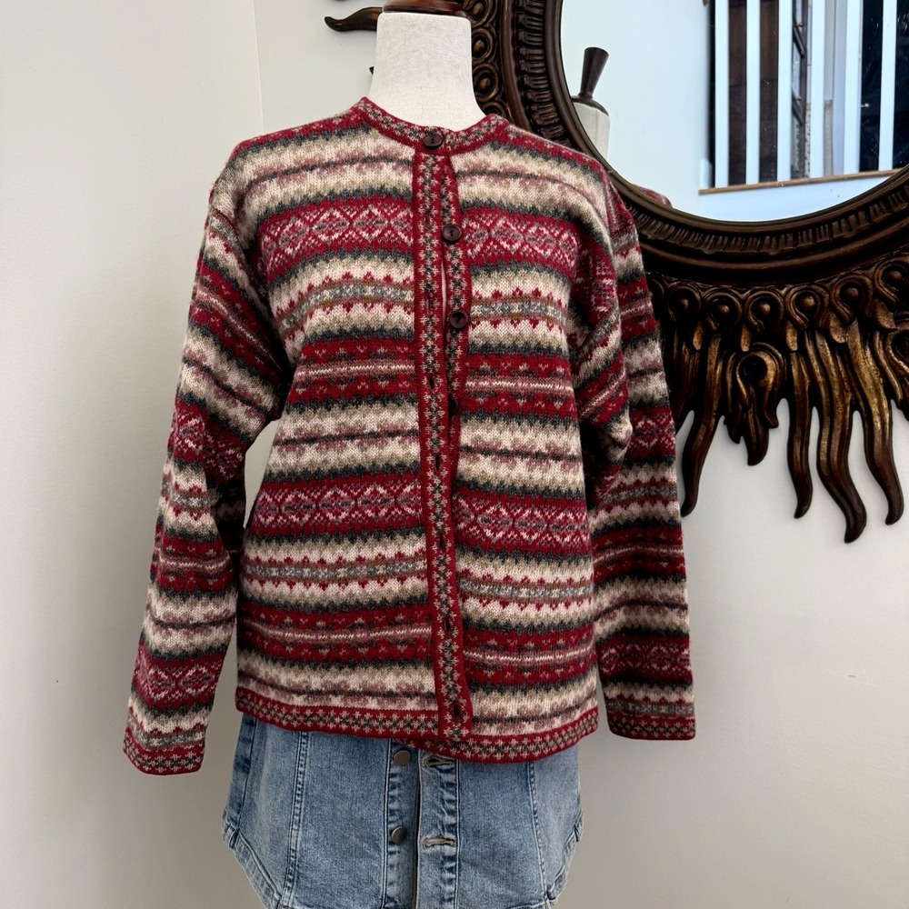 Vintage Gallagher Sweater Women Large Fair Isle Shetland Wool Cardigan F/W